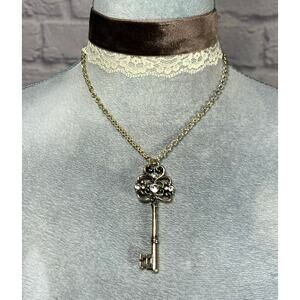 Handmade Mink Brown Velvet and Lace Layered Choker with Skeleton Key Pendant